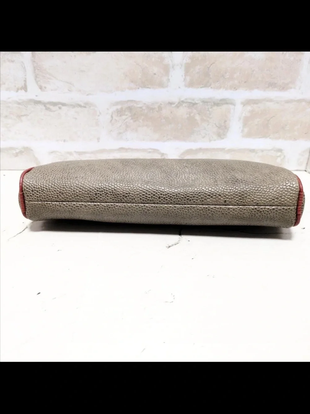 Mulberry Pebbled Leather Zip Pouch in Taupe with Red Accents
